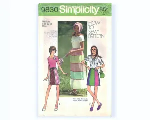 19 70s SIMPLICITY 9830 How to Sew Pattern Mini or Maxi Skirt , Sun Bonnet and Pouch Bag sz 12/14  Vintage Sewing Pattern Uncut