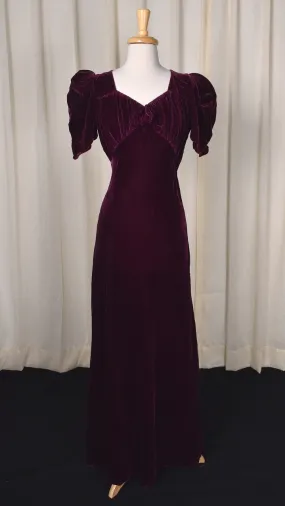 1930s Plum Silk Velvet Maxi Dress