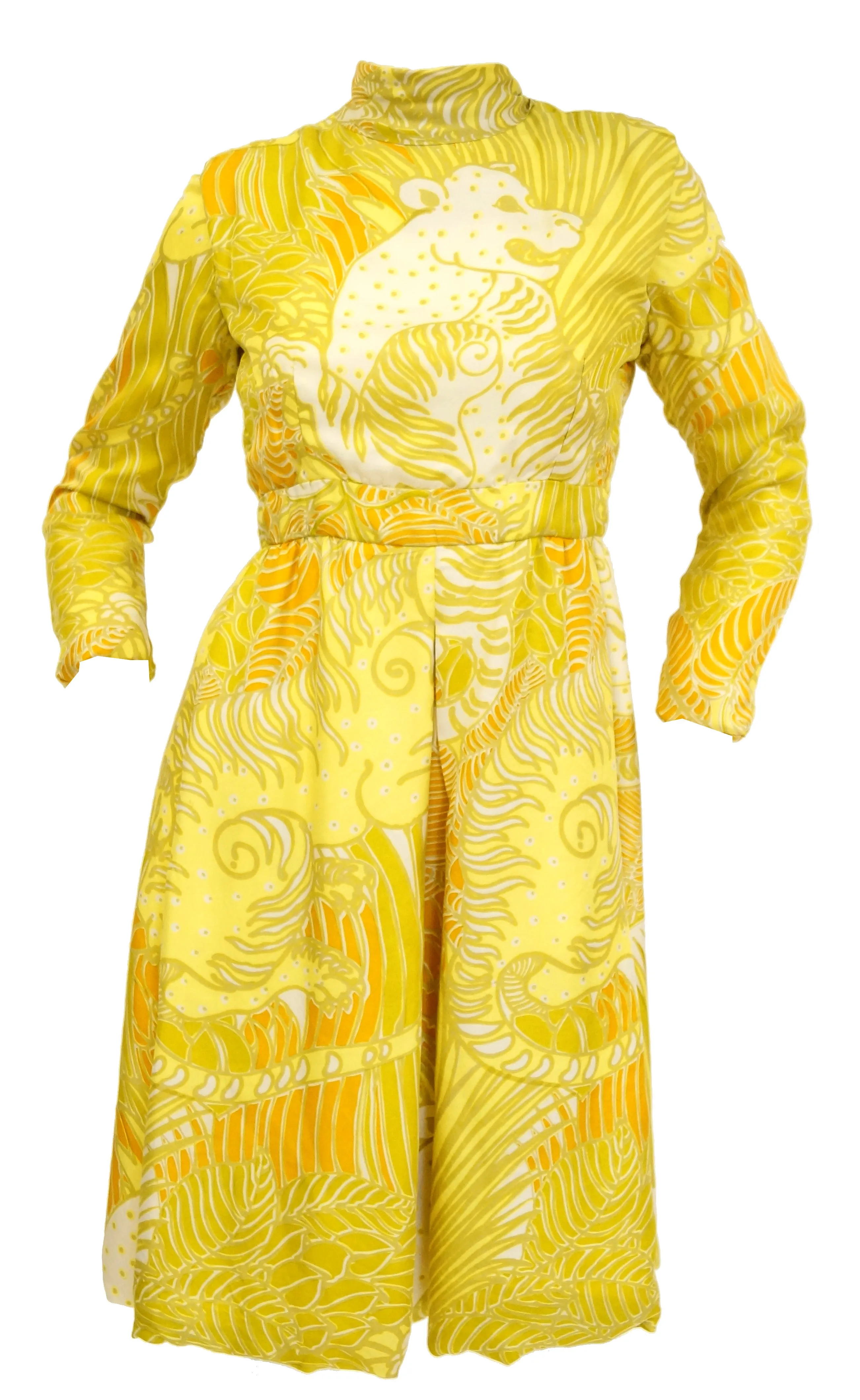 1960s George Halley Citrine Yellow Grinning Tiger Dress