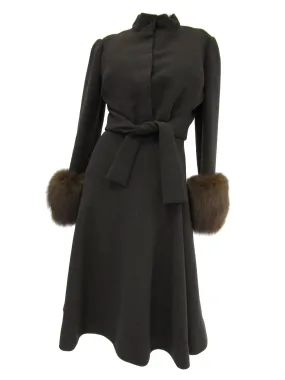 1960s Pauline Trigere Grey Wool Suit with Fox Fur Cuff & Rhinestone Details