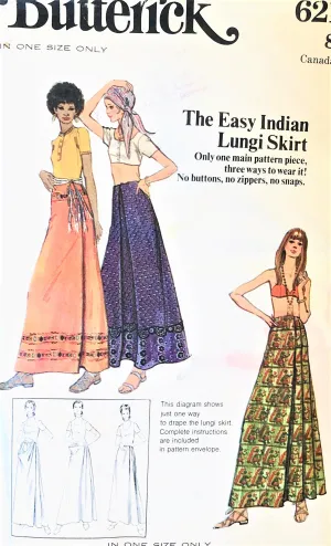 1970s Easy India Inspired Lungi Skirt Pattern BUTTERICK 6211 Bohemian BoHo Style,Maxi Skirt,Beach Wear Easy To Sew and Wear One Size Vintage Sewing Pattern