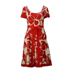 1970s Mollie Parnis Red and Bone Print Cotton Dress