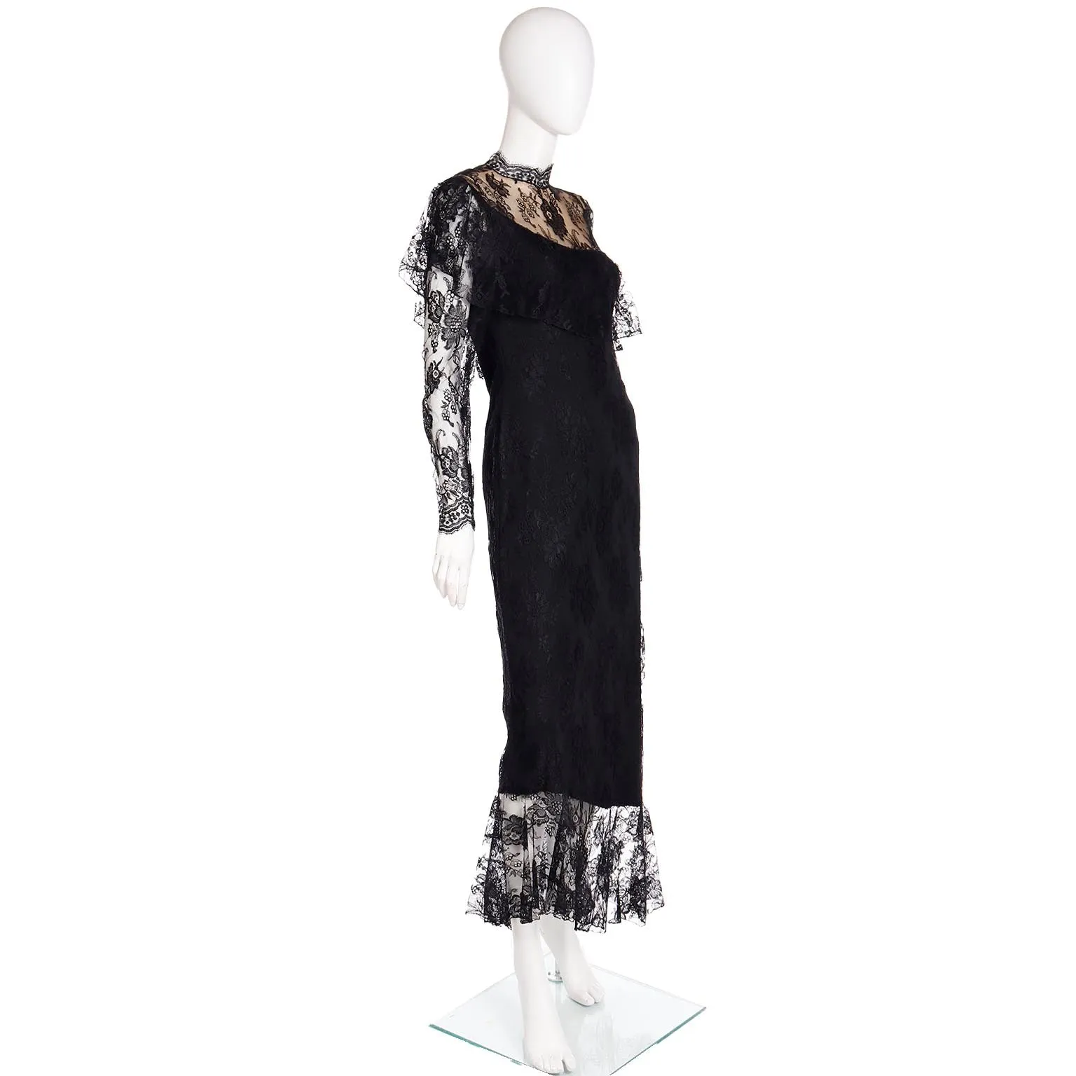 1980s Loris Azzaro Paris Black Lace Victorian Style Evening Dress