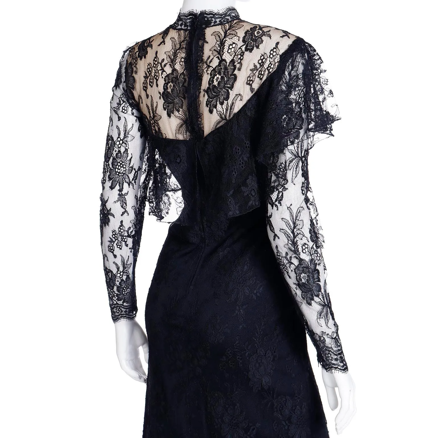 1980s Loris Azzaro Paris Black Lace Victorian Style Evening Dress