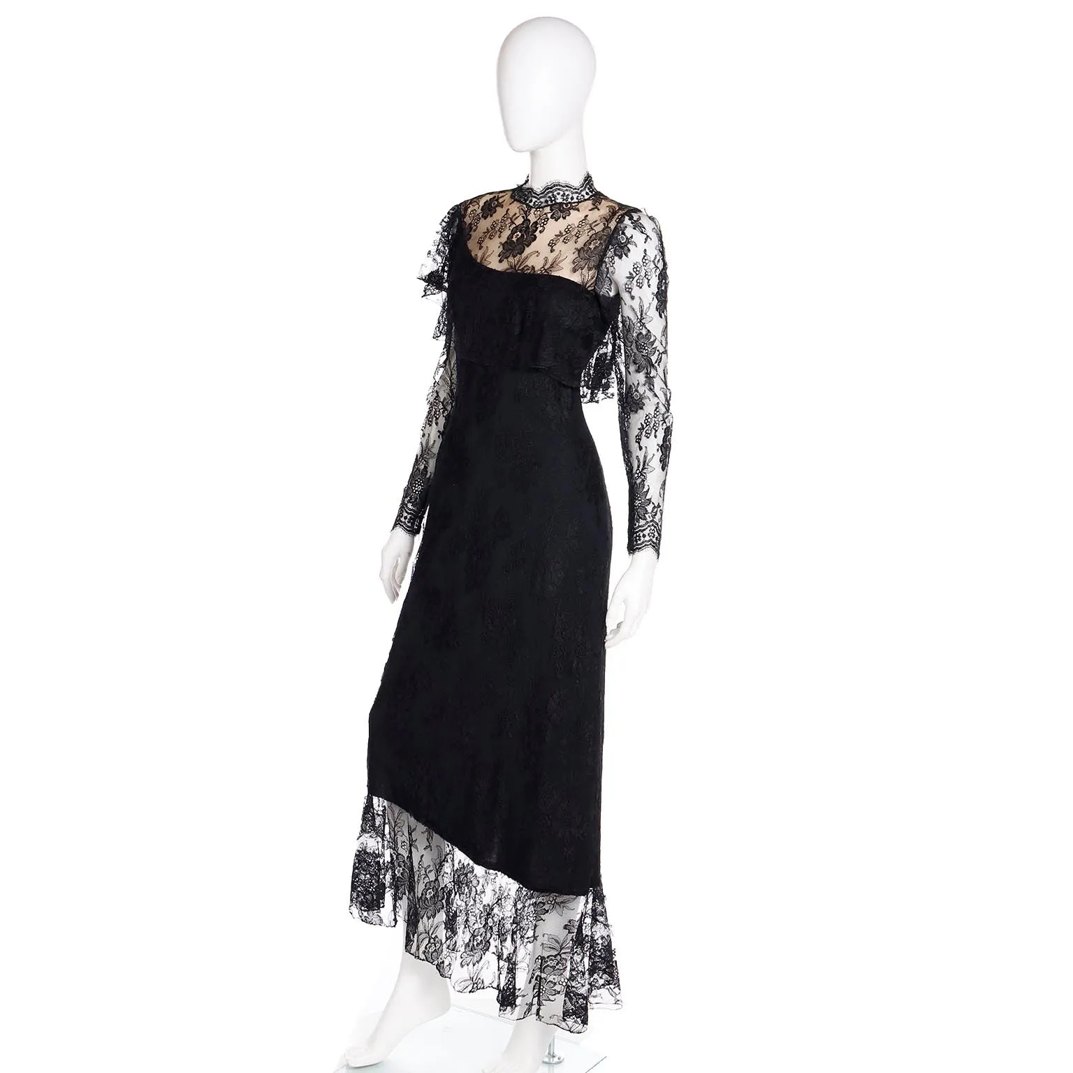 1980s Loris Azzaro Paris Black Lace Victorian Style Evening Dress