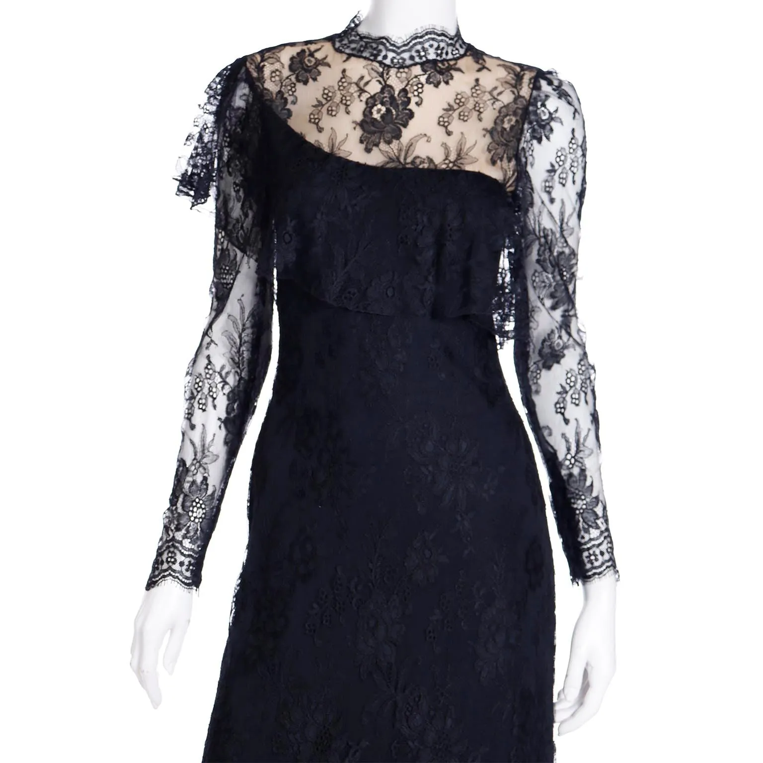 1980s Loris Azzaro Paris Black Lace Victorian Style Evening Dress