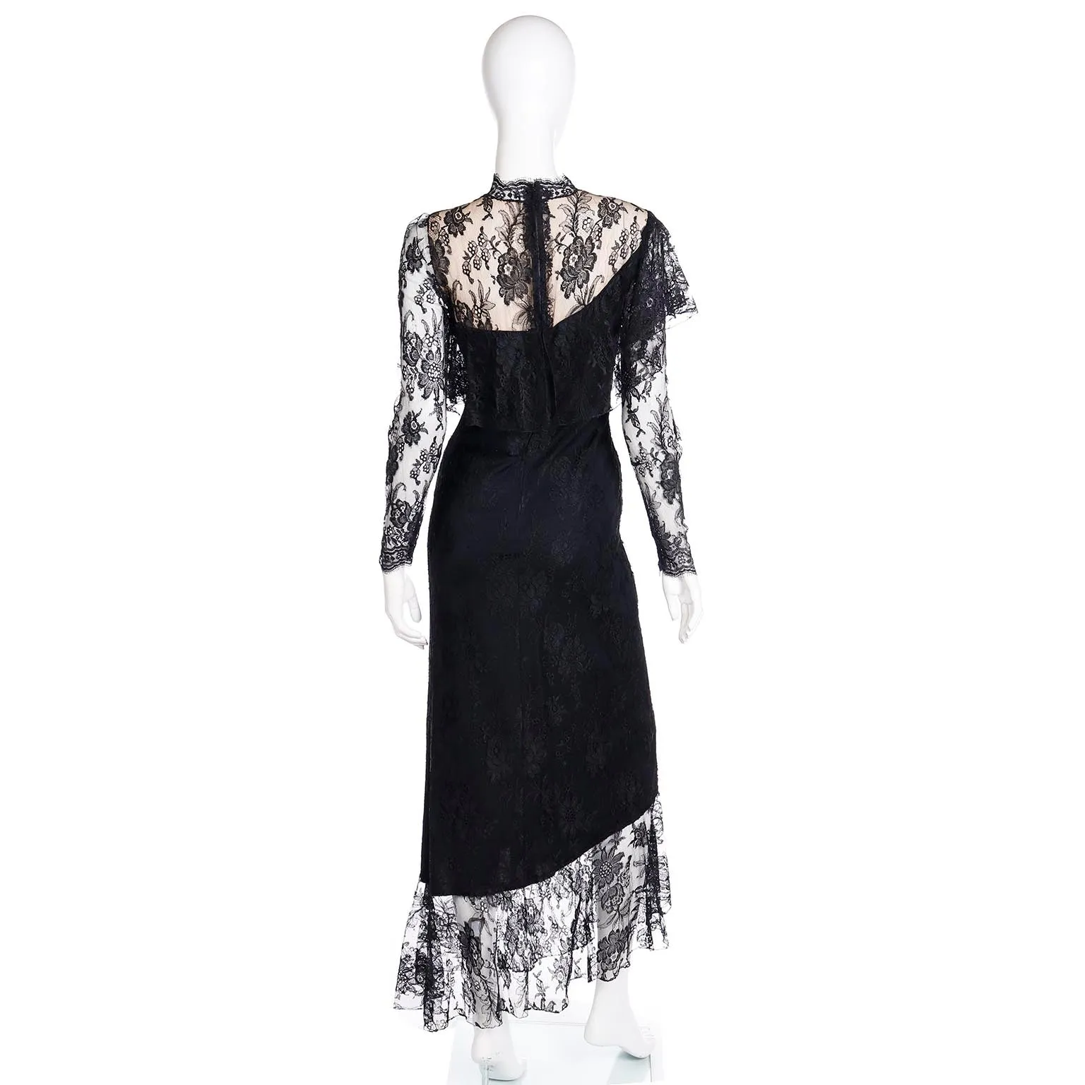 1980s Loris Azzaro Paris Black Lace Victorian Style Evening Dress