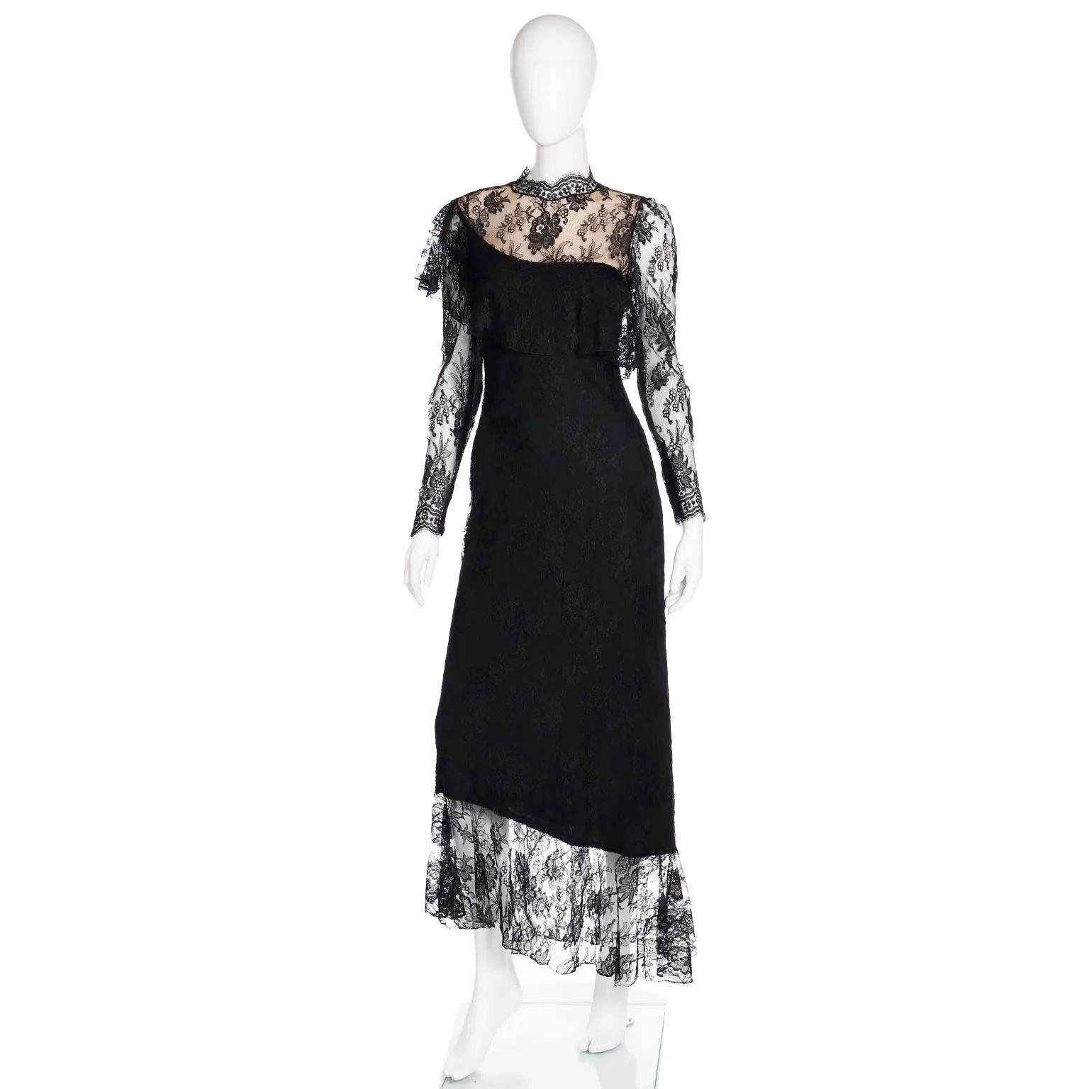 1980s Loris Azzaro Paris Black Lace Victorian Style Evening Dress