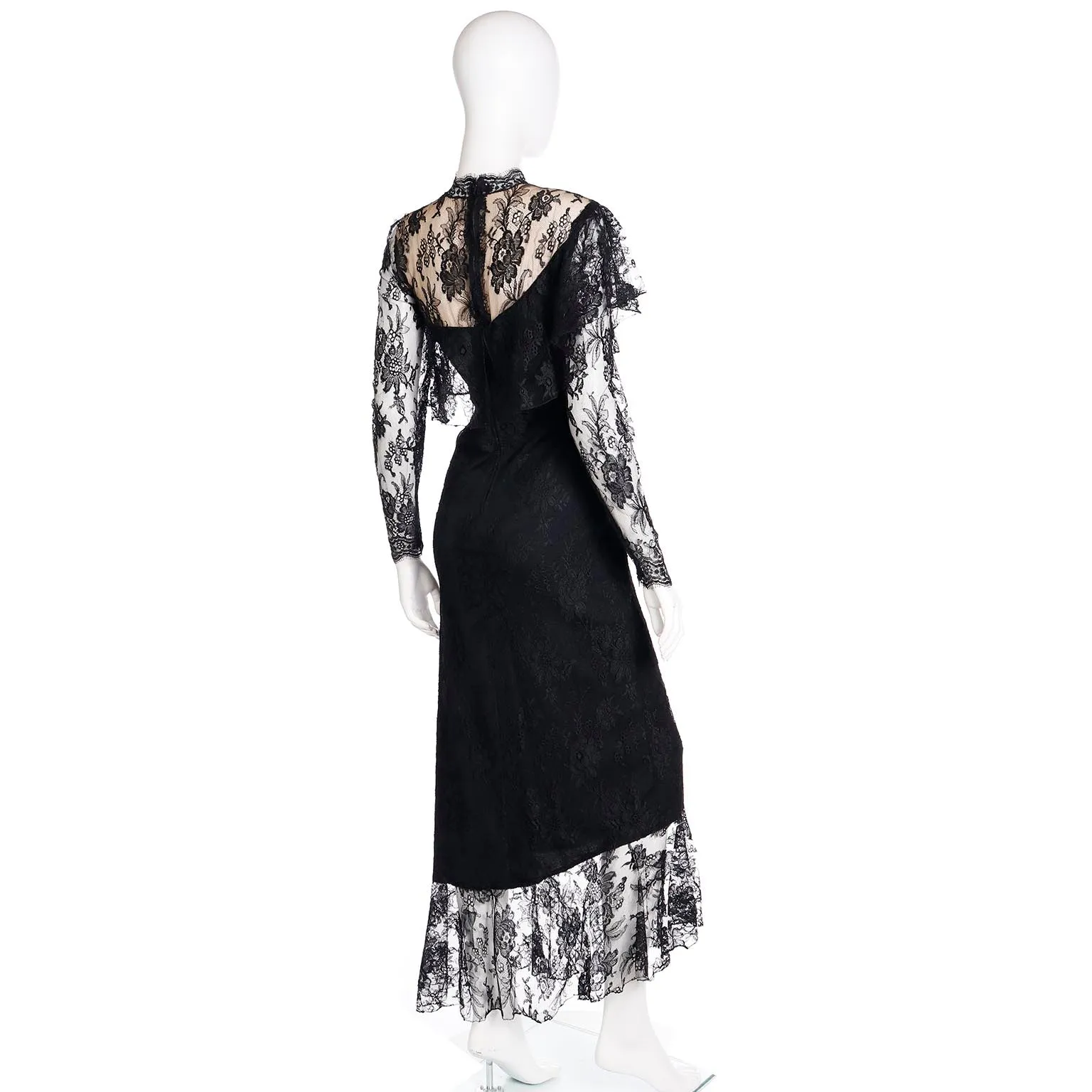 1980s Loris Azzaro Paris Black Lace Victorian Style Evening Dress