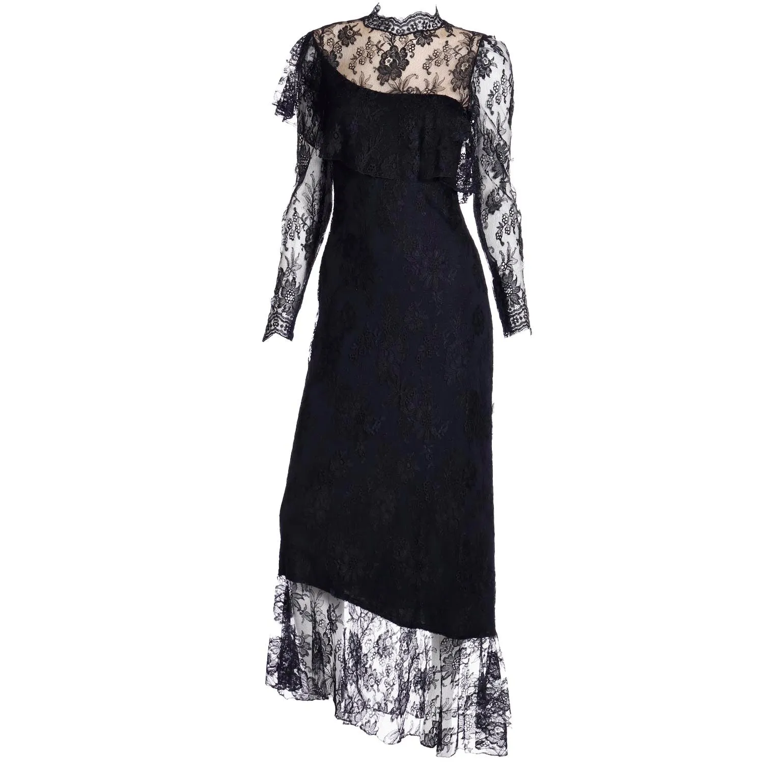 1980s Loris Azzaro Paris Black Lace Victorian Style Evening Dress