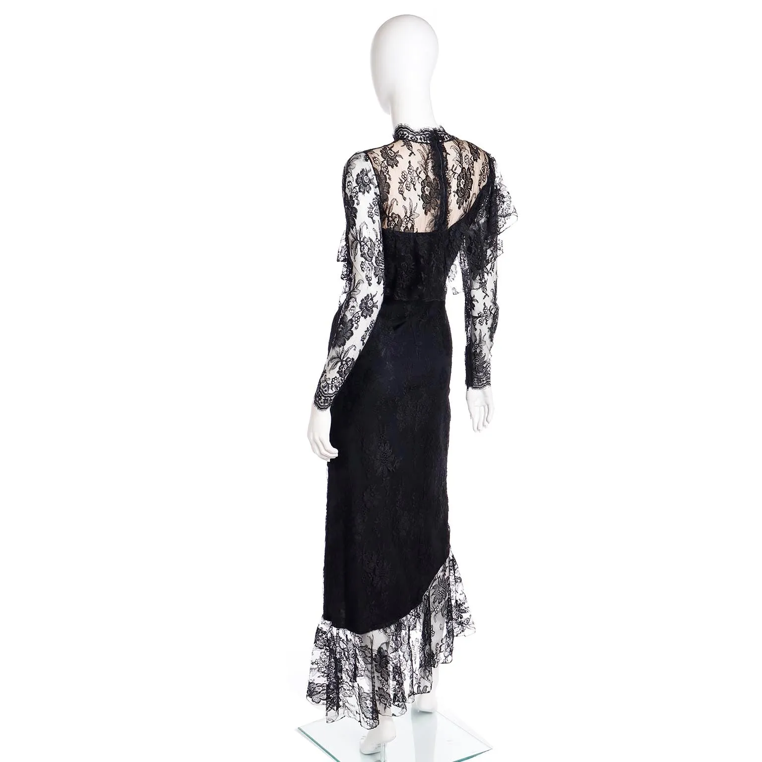 1980s Loris Azzaro Paris Black Lace Victorian Style Evening Dress