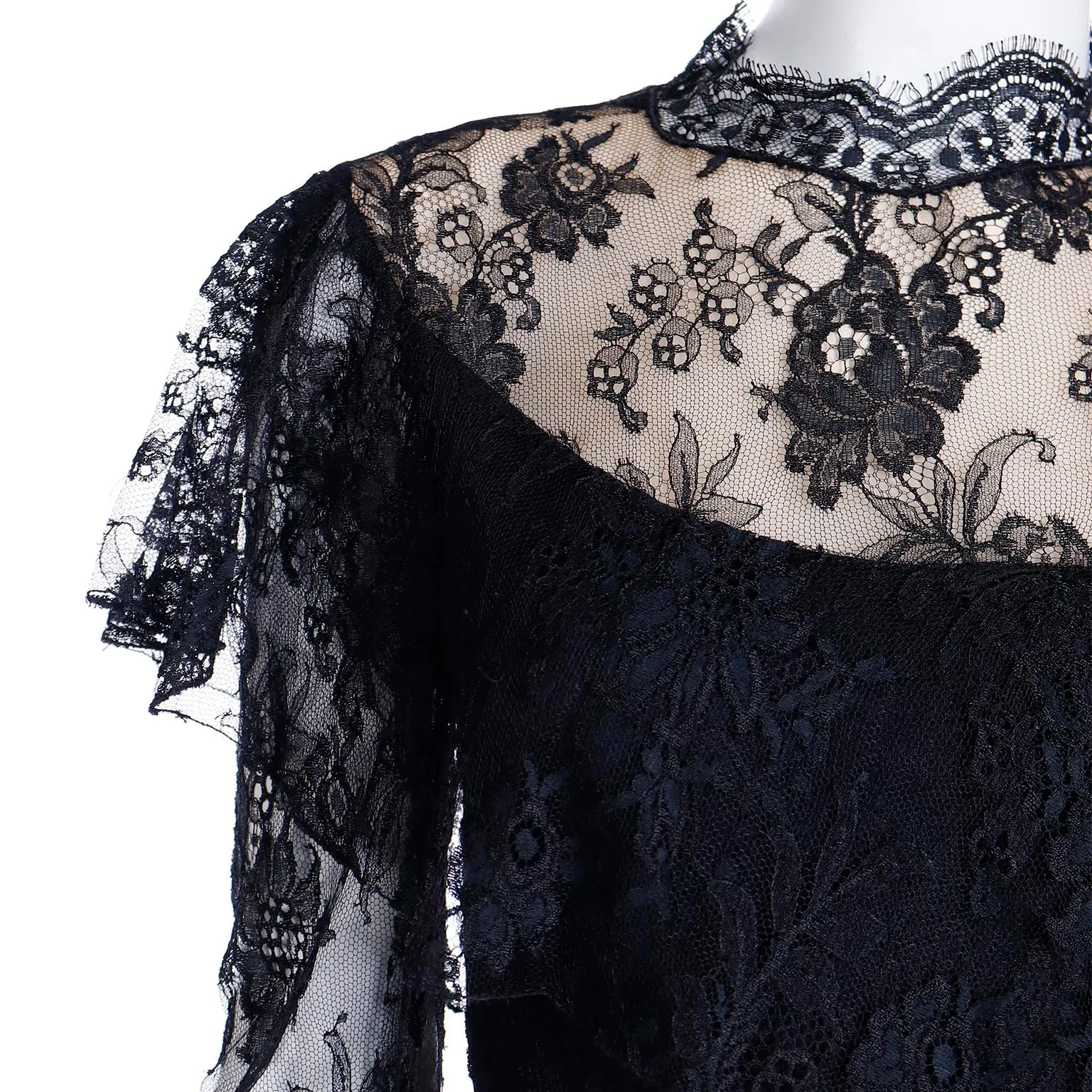 1980s Loris Azzaro Paris Black Lace Victorian Style Evening Dress