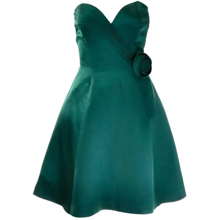 1980s Vicky Teal Couture Green Satin Strapless Dress with Rosette