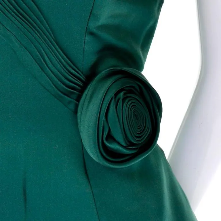 1980s Vicky Teal Couture Green Satin Strapless Dress with Rosette