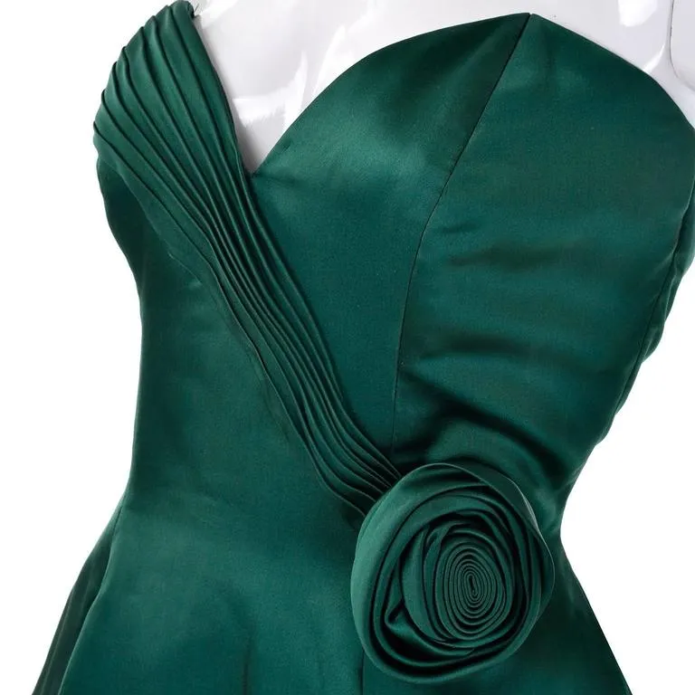 1980s Vicky Teal Couture Green Satin Strapless Dress with Rosette