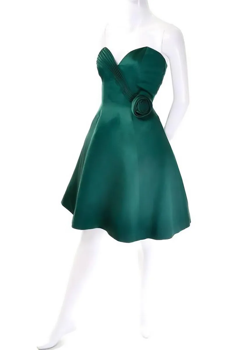 1980s Vicky Teal Couture Green Satin Strapless Dress with Rosette