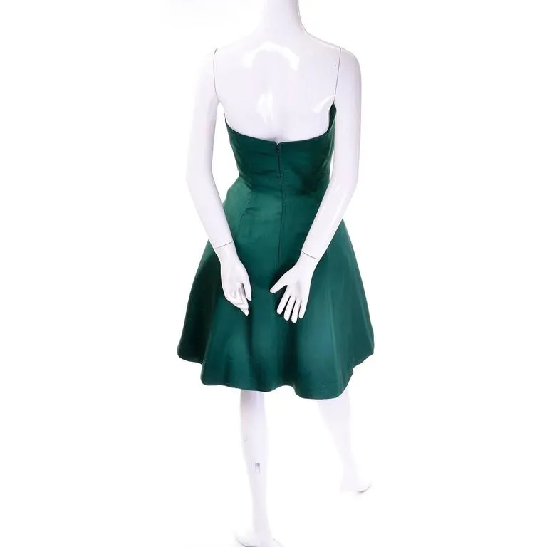 1980s Vicky Teal Couture Green Satin Strapless Dress with Rosette