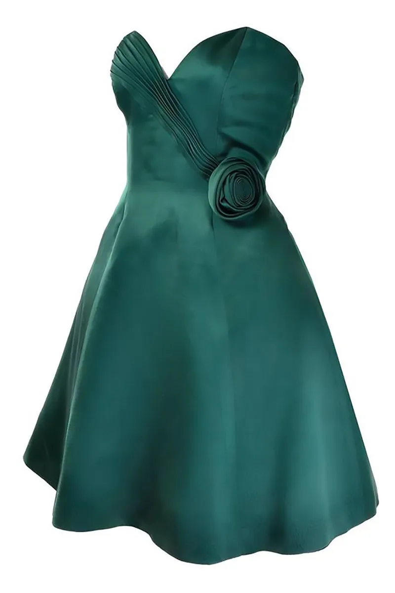 1980s Vicky Teal Couture Green Satin Strapless Dress with Rosette