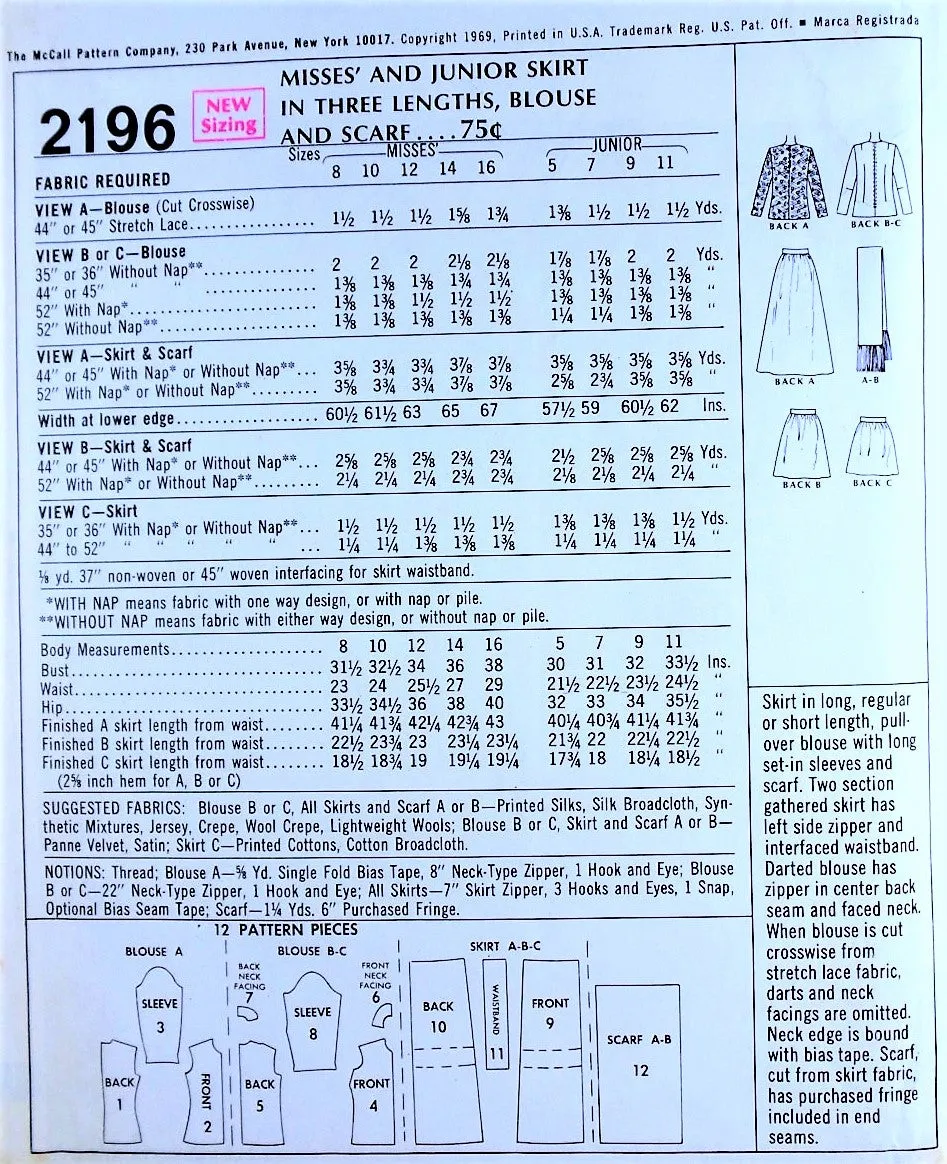 60s McCALLS 2196 FAB Day or Evening Dirndl Skirt Blouse and Scarf Pattern Three Skirt Lengths Mini Regular and Maxi Bust 38 Vintage Sewing Pattern UNCUT