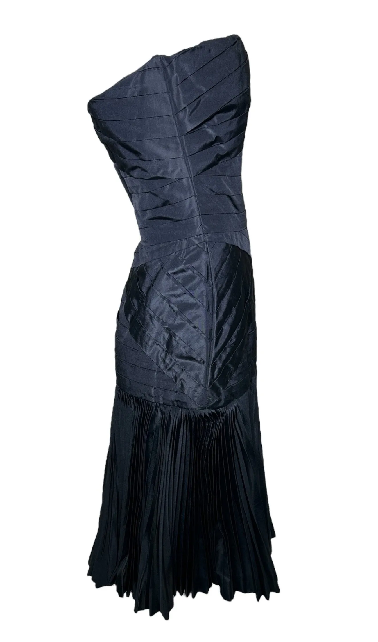 80s Couture Finish Black Pleated Strapless Cocktail Dress