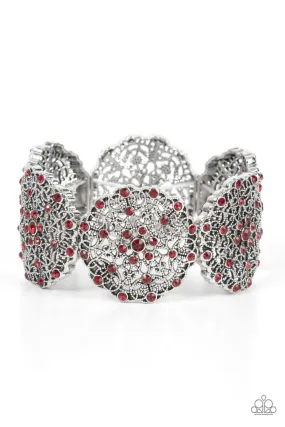 All in the Details - Red - Rhinestone Silver Filigree Stretchy Bracelet