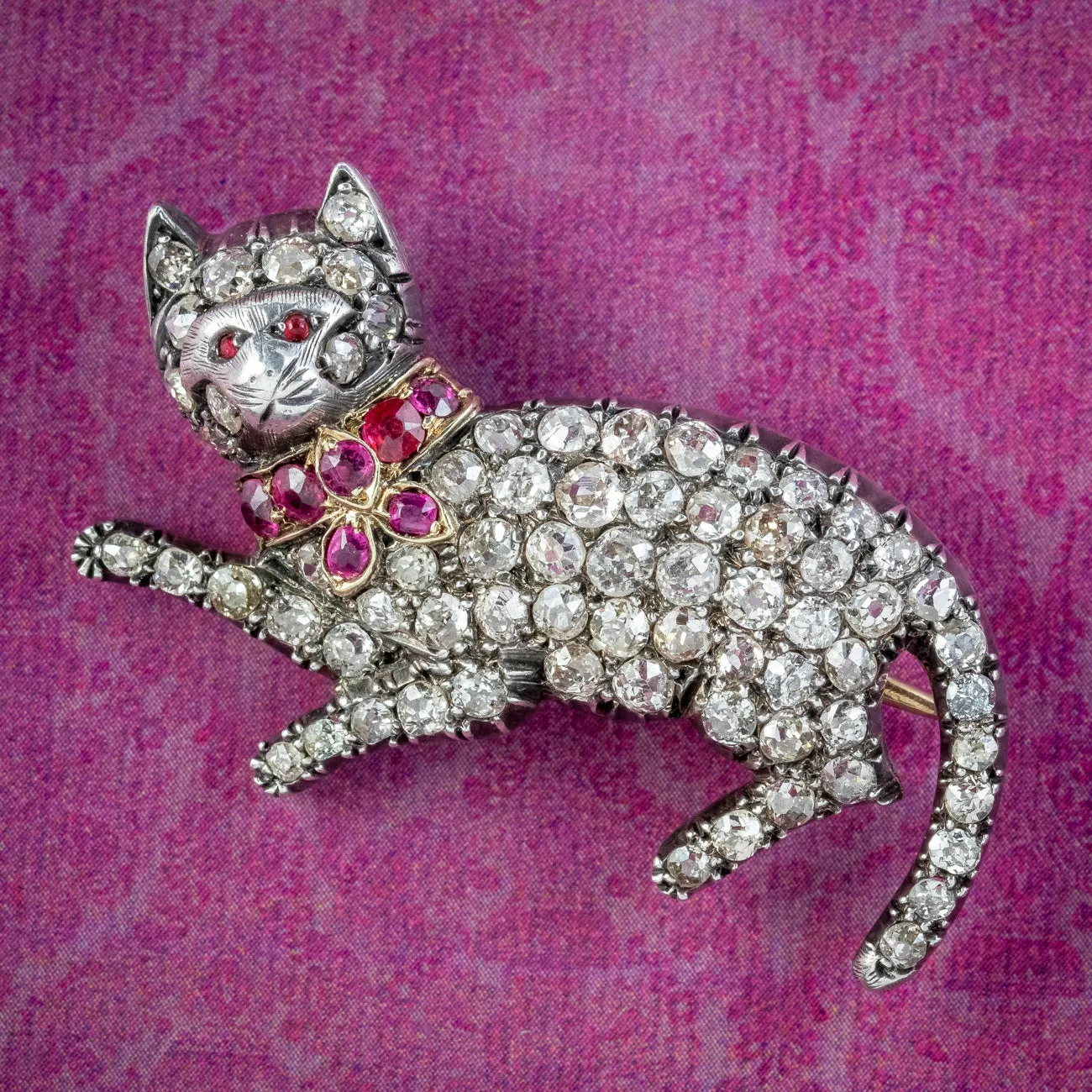 Antique Victorian Diamond Ruby Cat Brooch 5.5ct Of Diamond