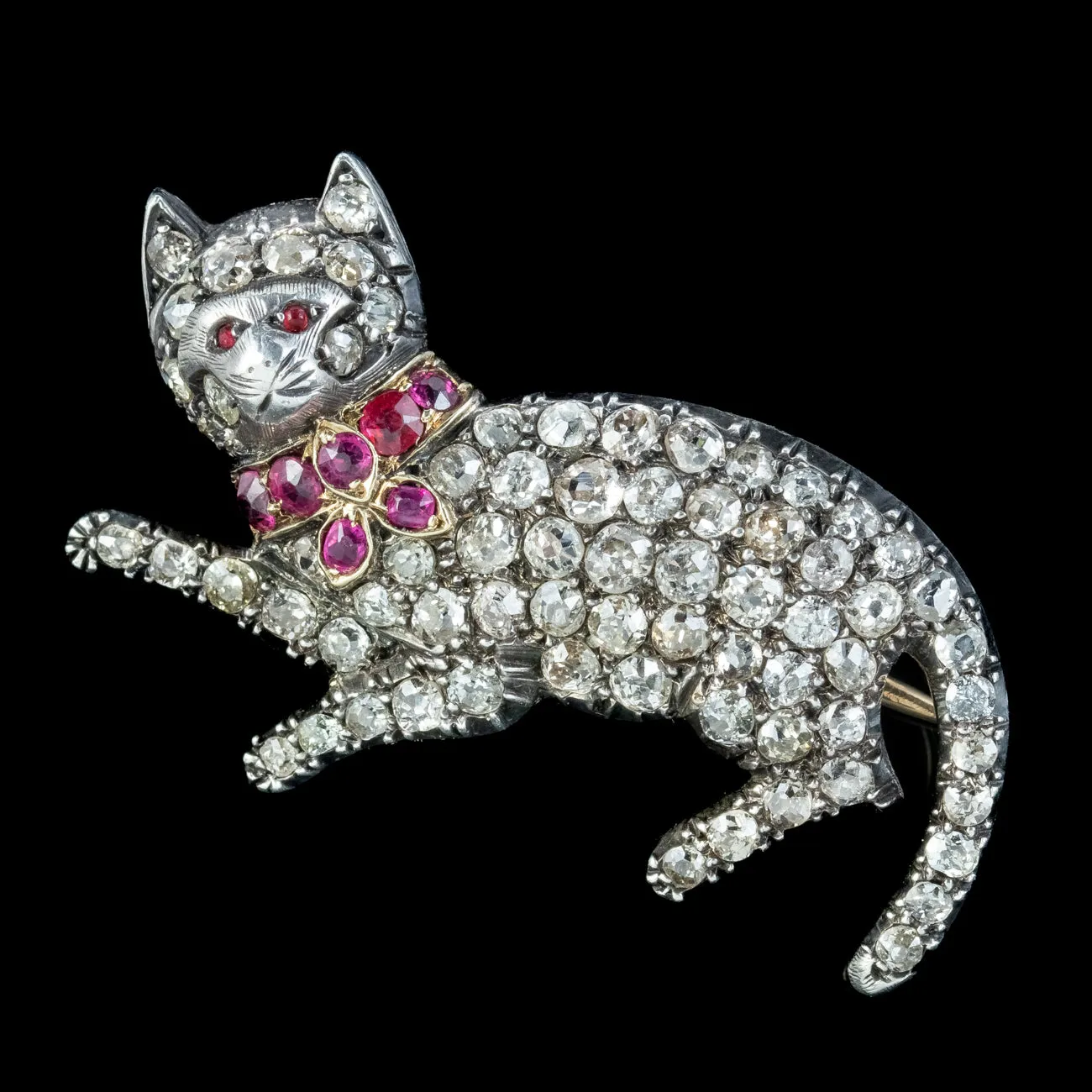 Antique Victorian Diamond Ruby Cat Brooch 5.5ct Of Diamond