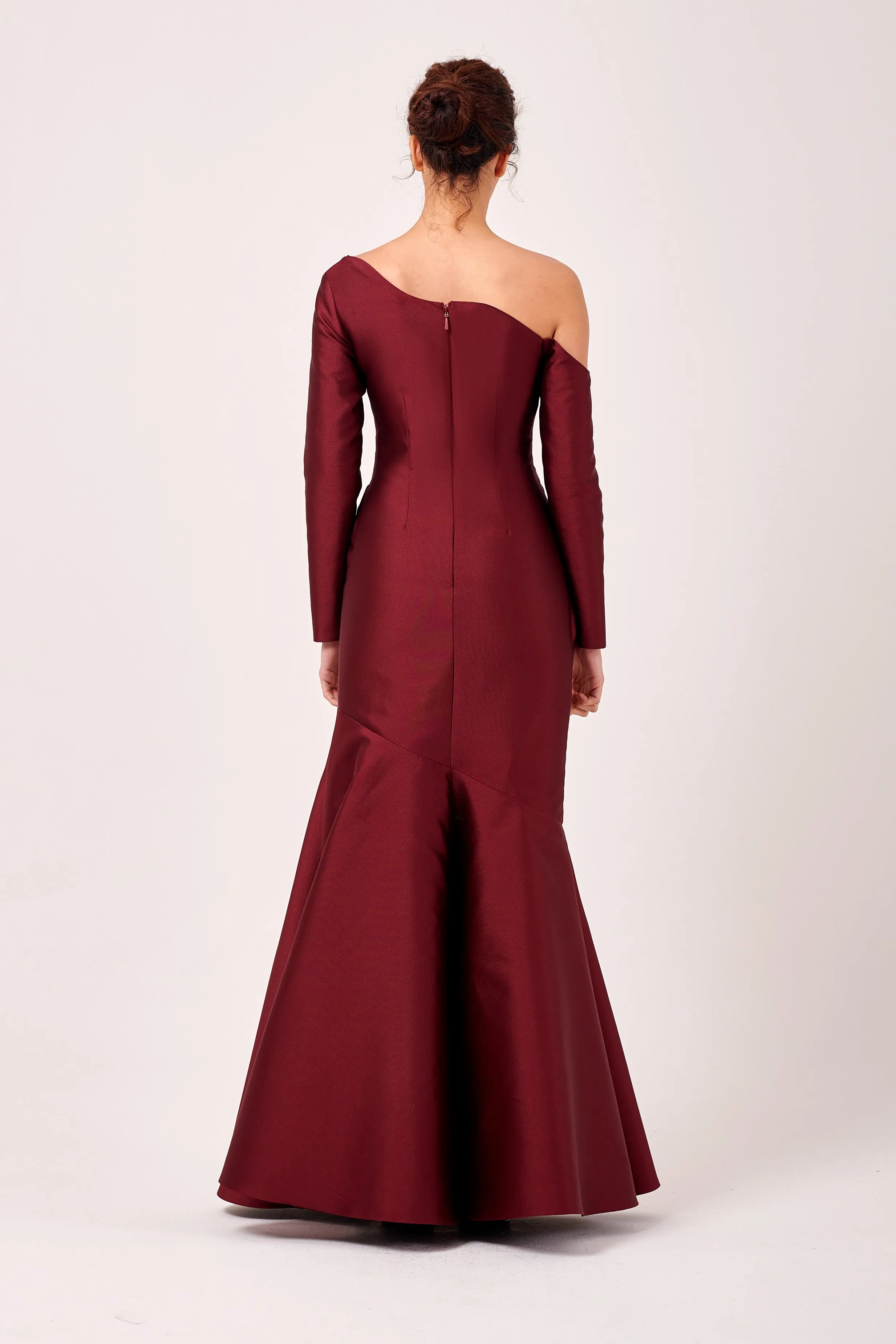 Asymmetric One-Shoulder Neckline Long Sleeve Gown