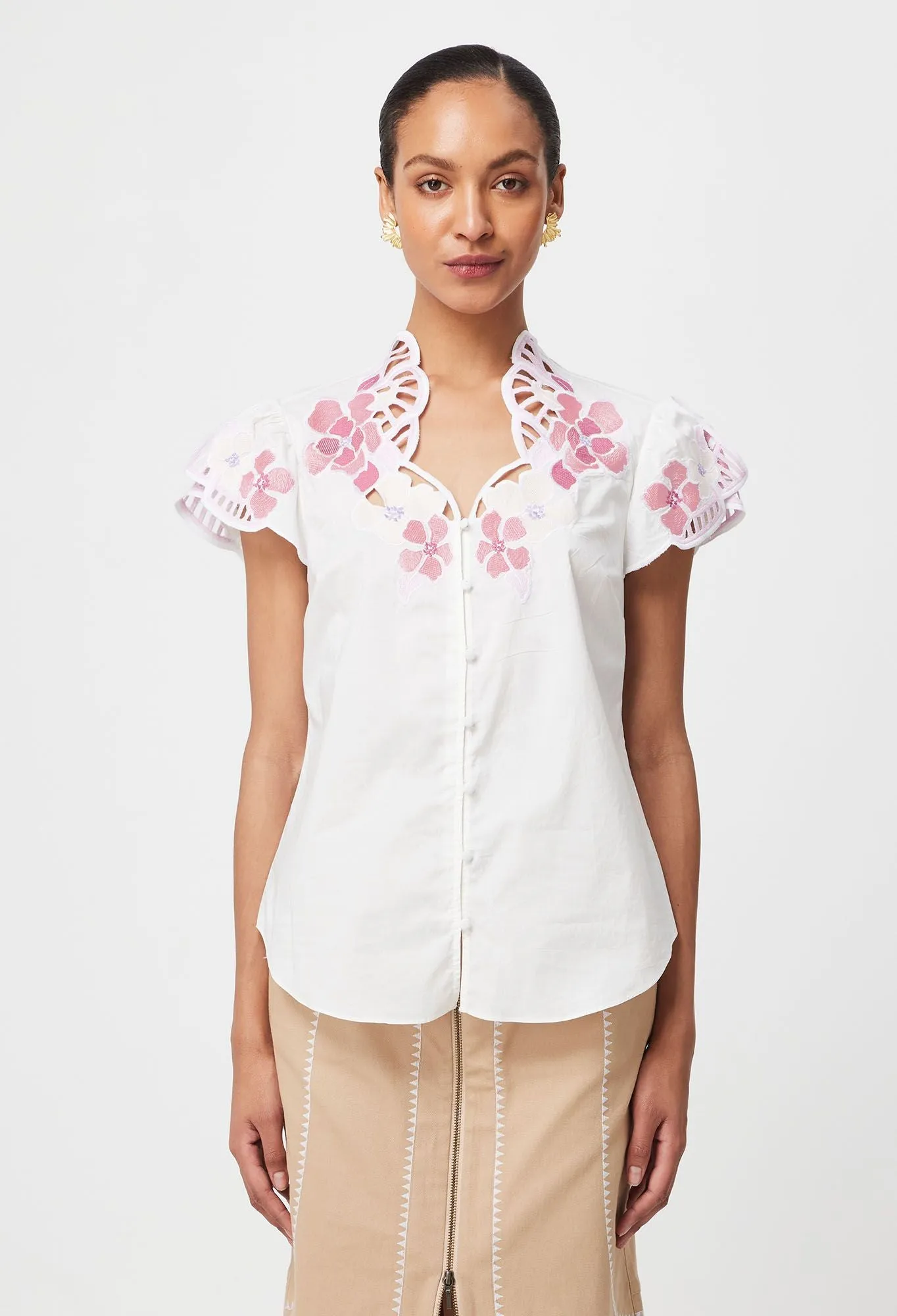 BALLOU EMBROIDERED COTTON VOILE BLOUSE | Ivory Blouse