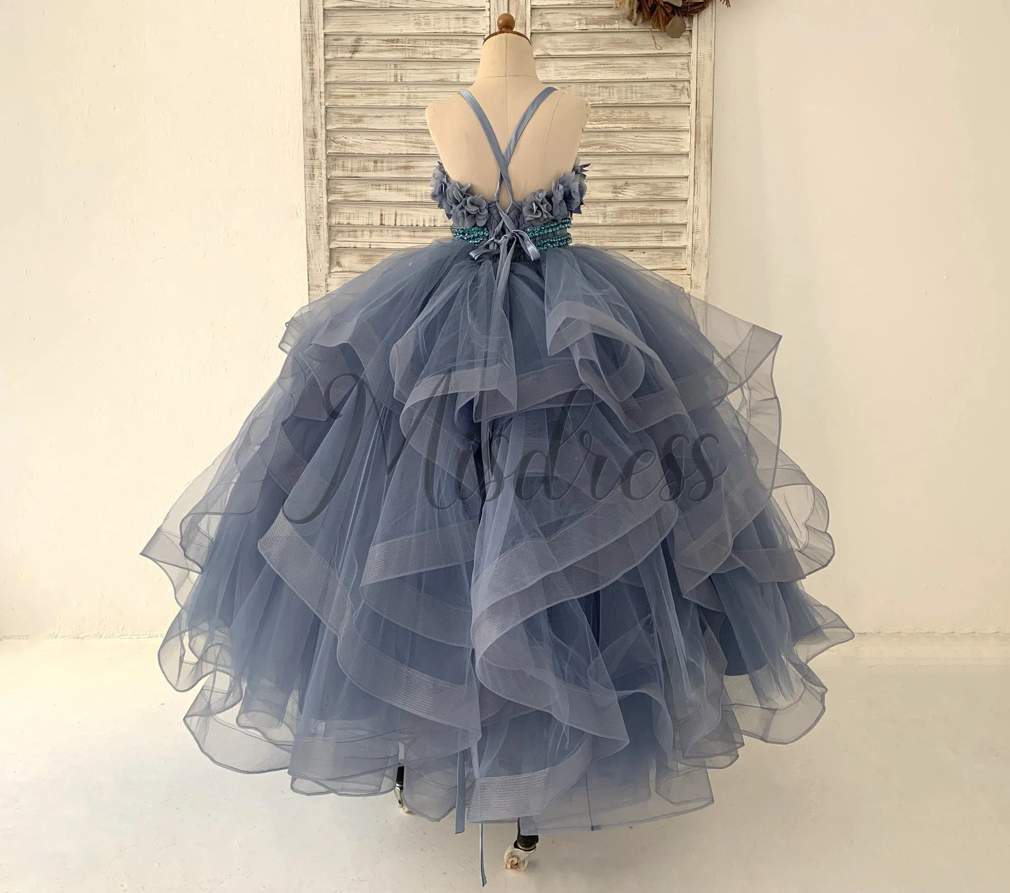 Beaded Dusty Blue Polka Dots Tulle Wedding Flower Girl Dress