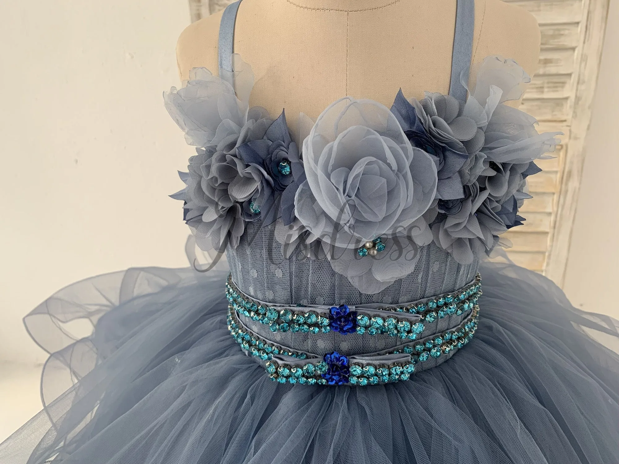 Beaded Dusty Blue Polka Dots Tulle Wedding Flower Girl Dress