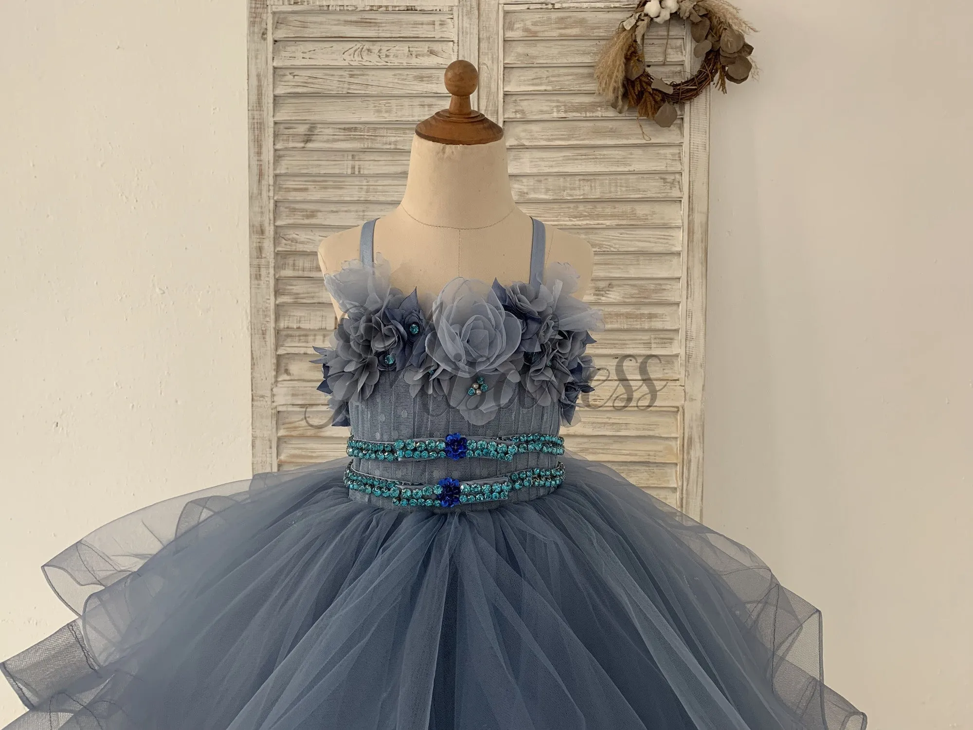 Beaded Dusty Blue Polka Dots Tulle Wedding Flower Girl Dress