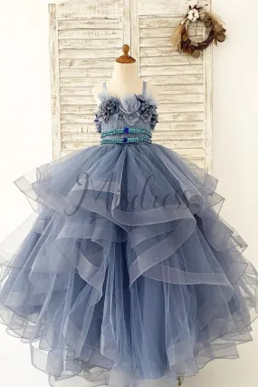 Beaded Dusty Blue Polka Dots Tulle Wedding Flower Girl Dress