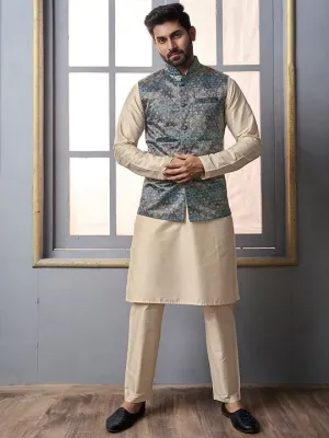 Beige & Blue Mandarin Collar Kurta Trousers with  jacket