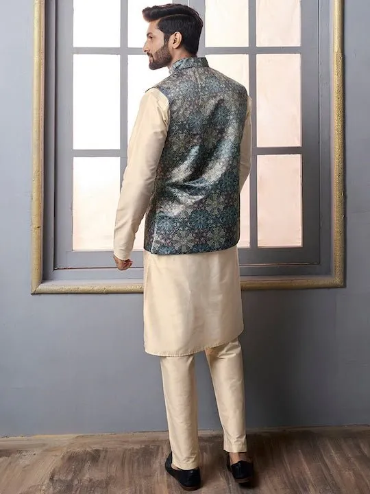 Beige & Blue Mandarin Collar Kurta Trousers with  jacket