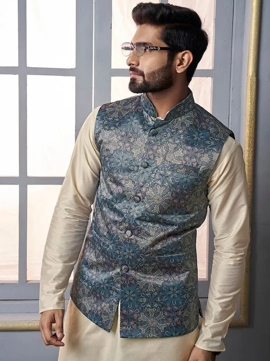 Beige & Blue Mandarin Collar Kurta Trousers with  jacket