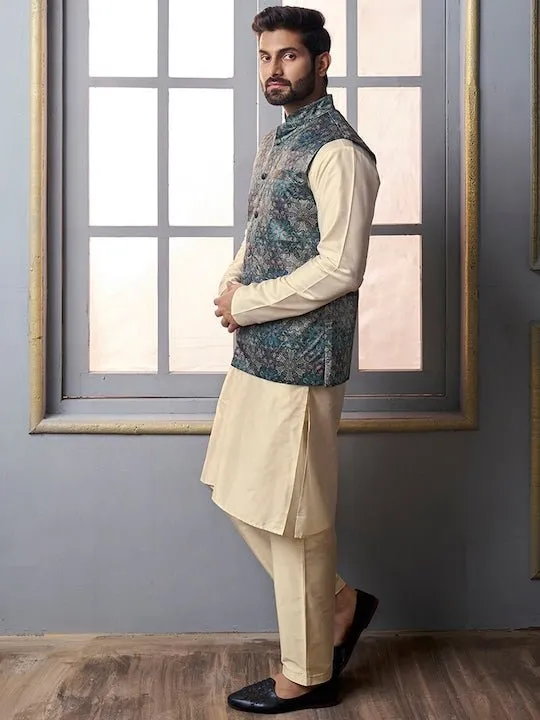 Beige & Blue Mandarin Collar Kurta Trousers with  jacket