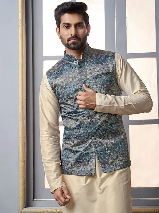 Beige & Blue Mandarin Collar Kurta Trousers with  jacket