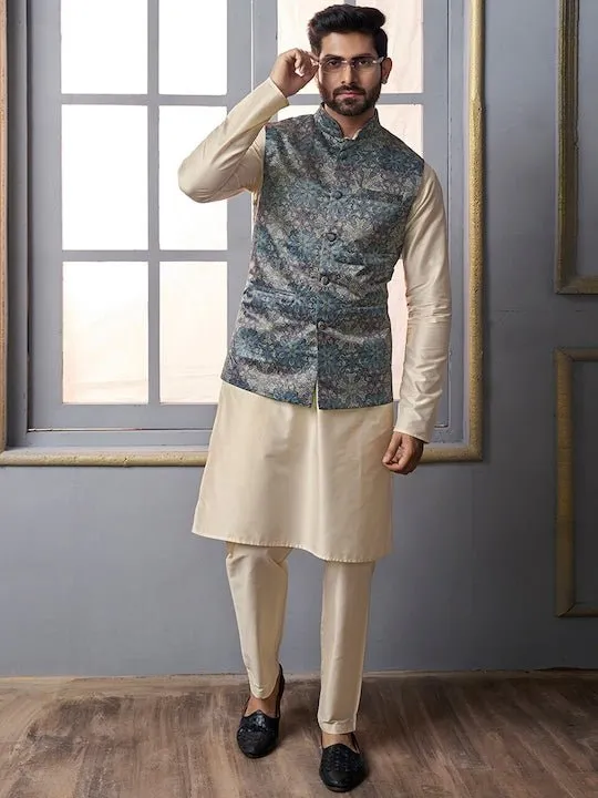 Beige & Blue Mandarin Collar Kurta Trousers with  jacket