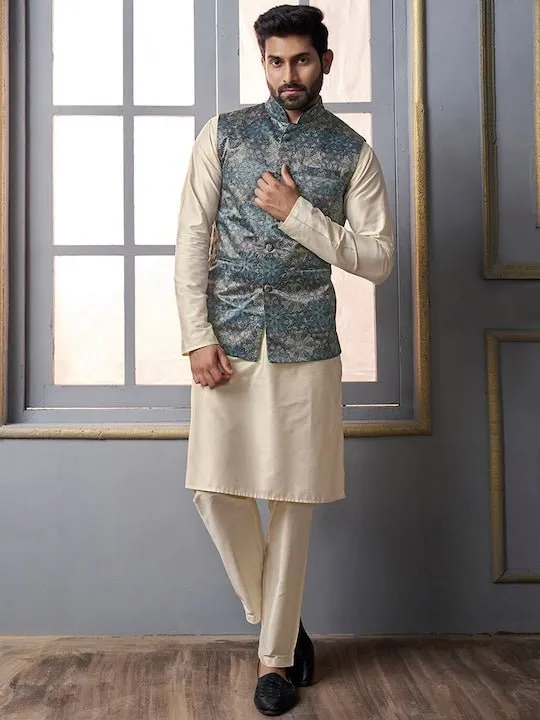 Beige & Blue Mandarin Collar Kurta Trousers with  jacket