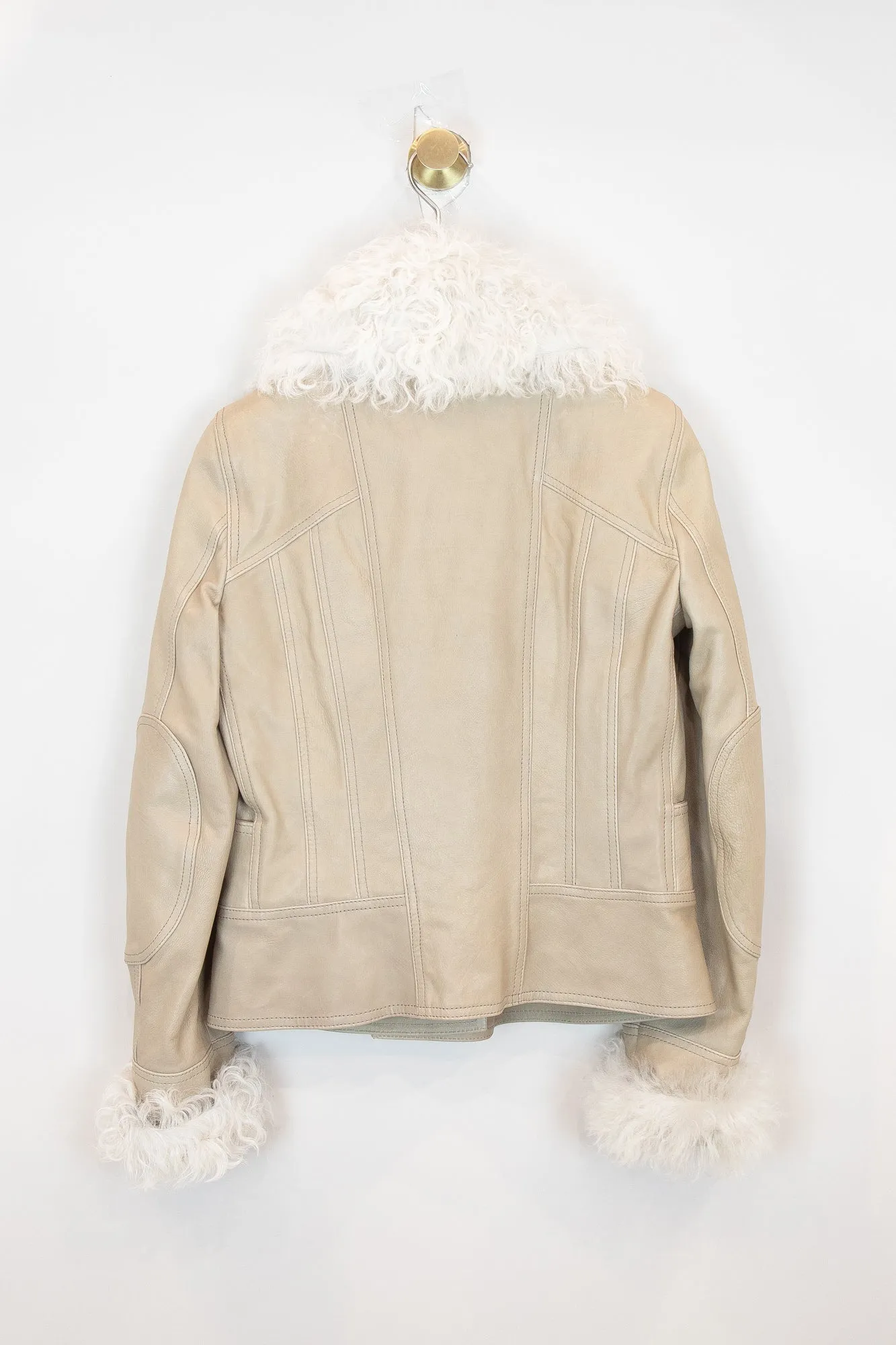 Beige Cropped Leather Jacket With Fur Collar Leather/Shearling