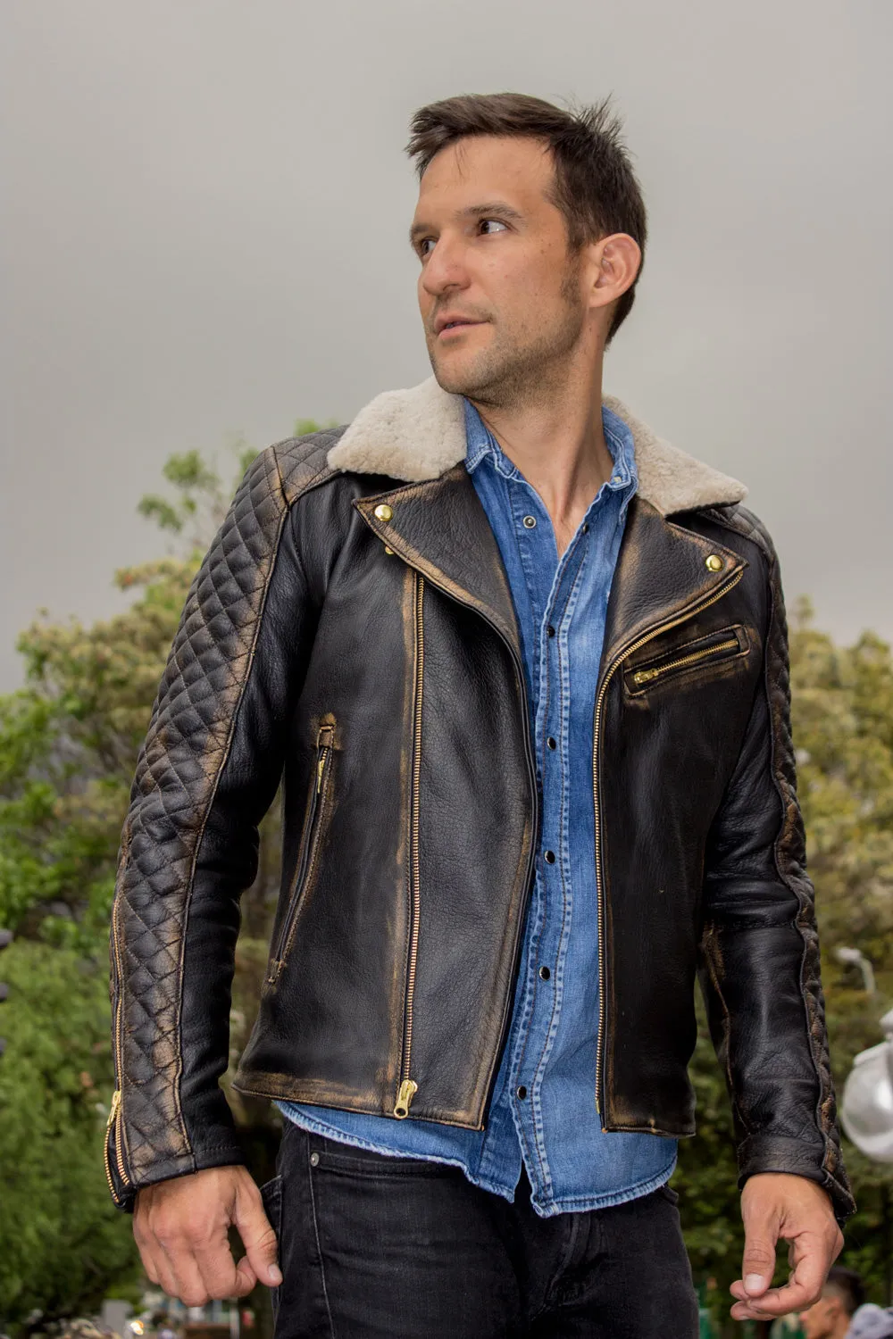 BELGRAVE SQ Leather Jacket Shearling  Quilted in Distressed Brown