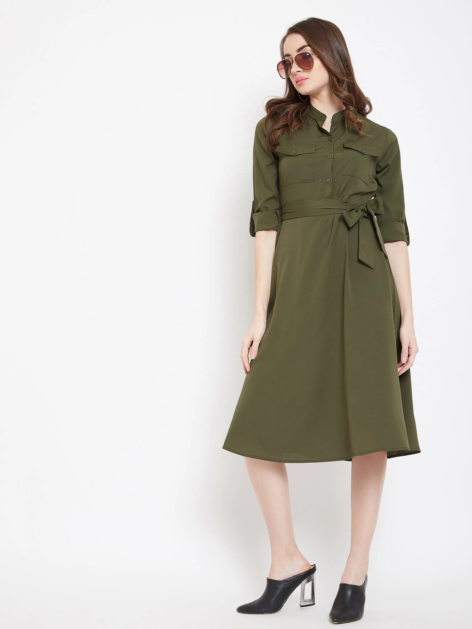 Berrylush Women Solid Olive Green Mandarin Collar Button-Up Flared Midi Shirt Dress