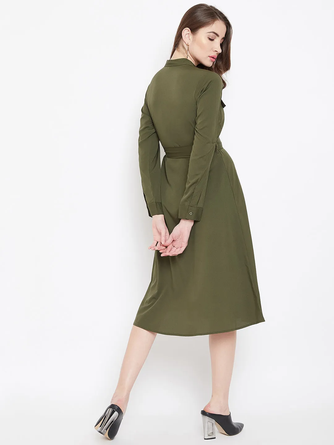 Berrylush Women Solid Olive Green Mandarin Collar Button-Up Flared Midi Shirt Dress