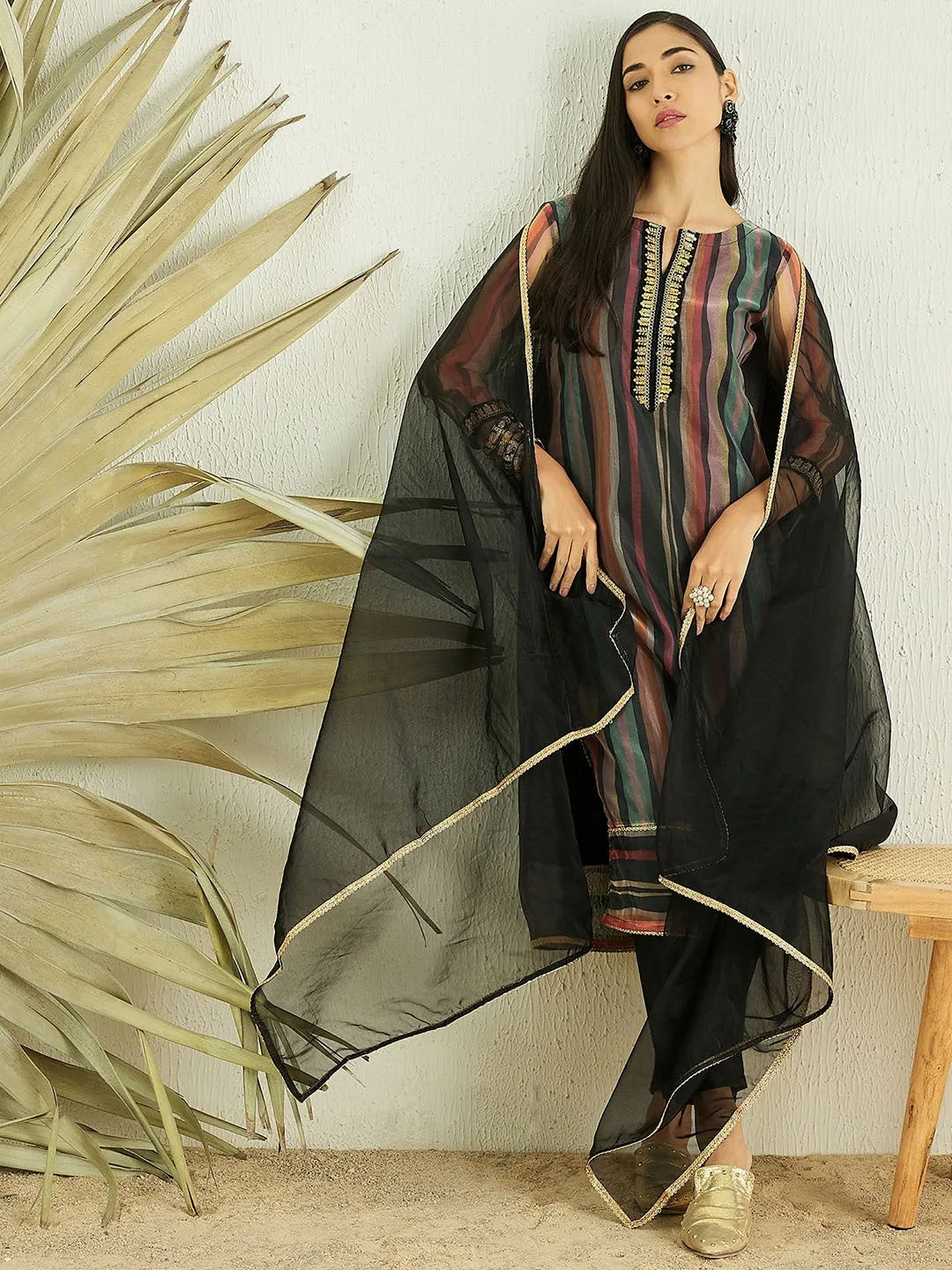 Black Striped Regular Kurta with Trousers & With Dupatta