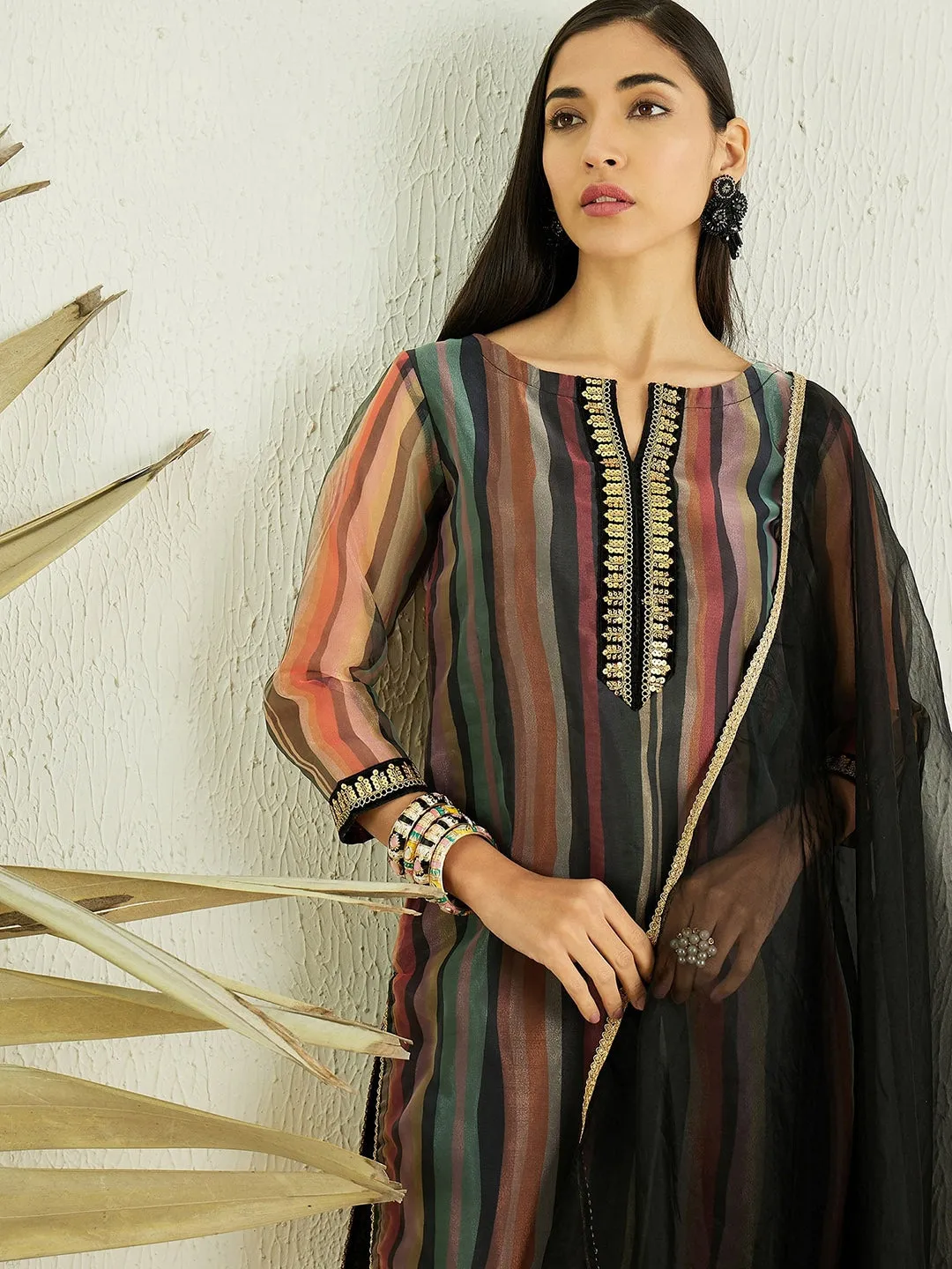 Black Striped Regular Kurta with Trousers & With Dupatta