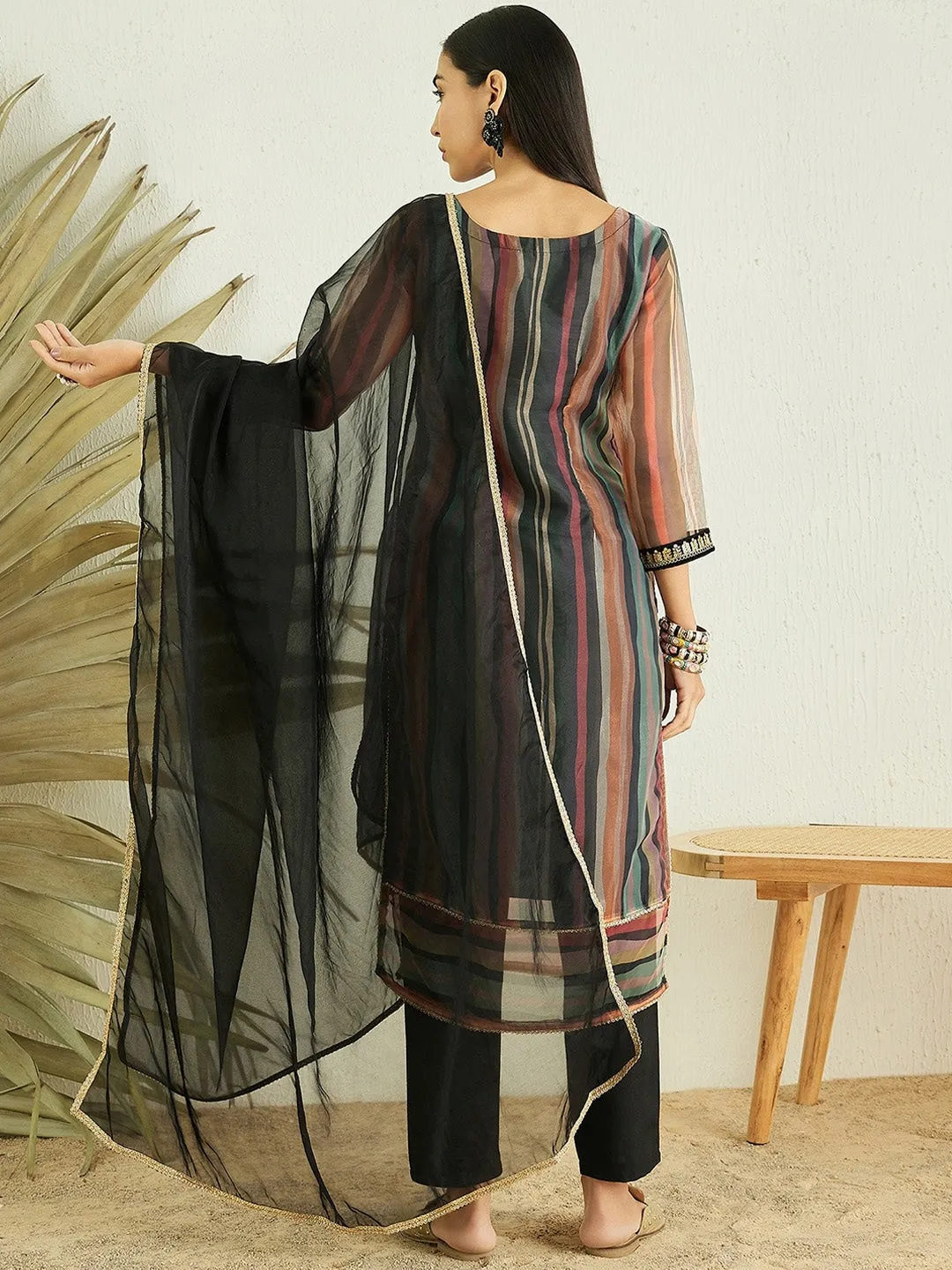 Black Striped Regular Kurta with Trousers & With Dupatta