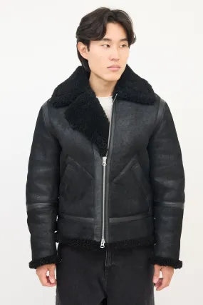 Black Suede Leather Shearling Zip Jacket