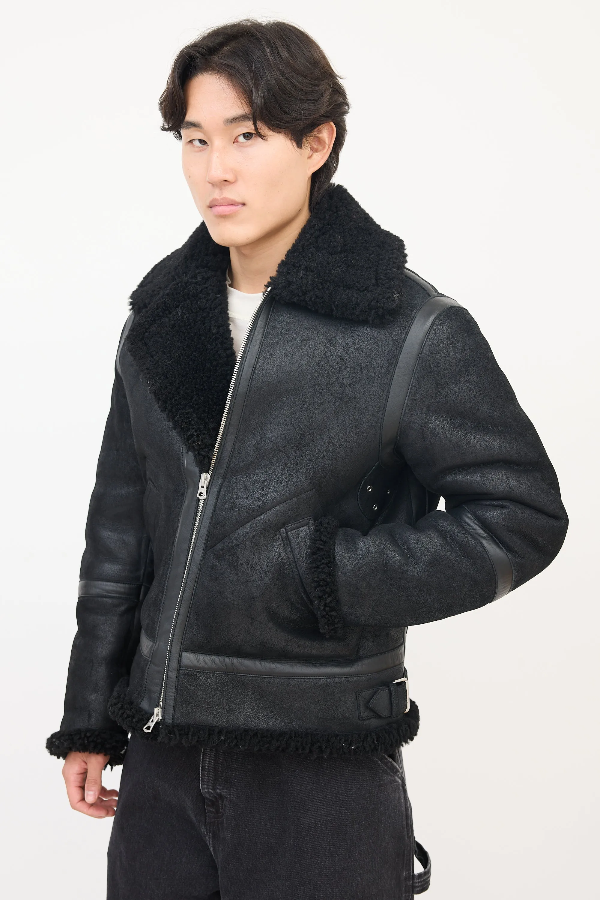 Black Suede Leather Shearling Zip Jacket