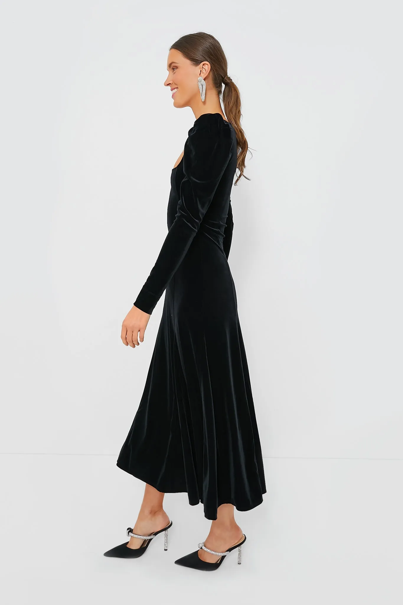 Black Velvet Jersey Puff Sleeve Maxi Dress